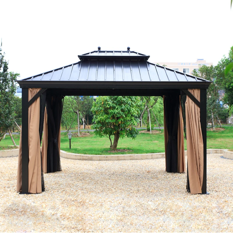 10'x12' Iron Hardtop Cabana Sunroom Permanent Gazebo Cabana with 2 Layers with Sidewalls gauze all weather good quality on sale