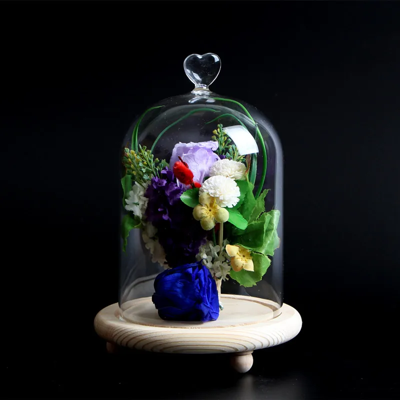 12*16cm Different Top Glass Dome Vase Home Decoration Log Base Bird Crown Heart Top Cover Wedding Friend Gift