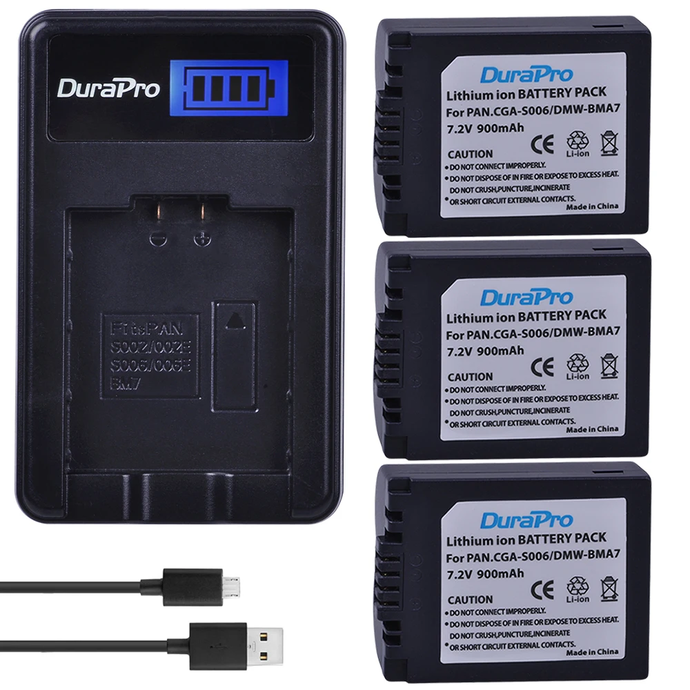 파나소닉 DMC FZ7 FZ8 FZ18 FZ28 FZ30 FZ35 FZ38 용 3pc CGA-S006 CGA S006 DMW BMA7 리튬 이온 배터리 + LCD 배터리 충전기