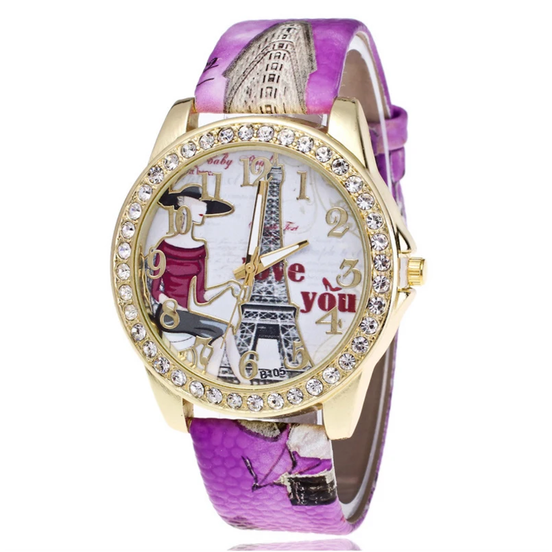 Shsby-Relojes de pulsera con correa de cuero de la Torre Eiffel para mujer, reloj de cuarzo con diamantes de imitación, relojes de vestir para mujer, reloj informal de amor