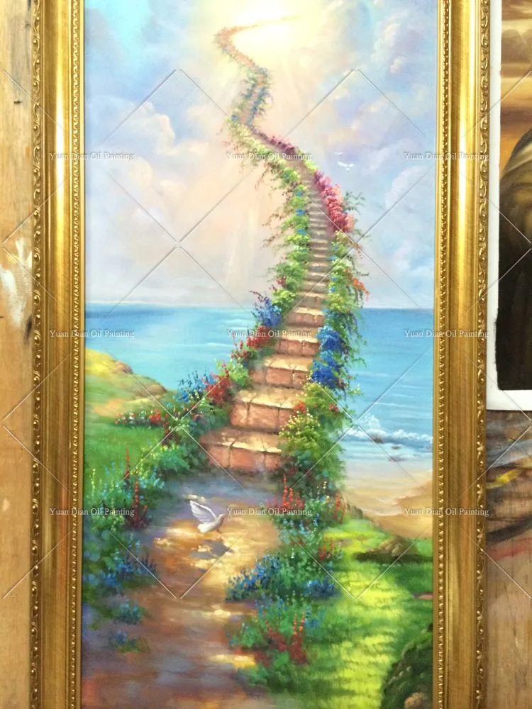 Paradise ladder Green Flowers Landscape Handpainted Modern Wall Painting Road Oil Painting On Canvas Wall Decor Home Decoration