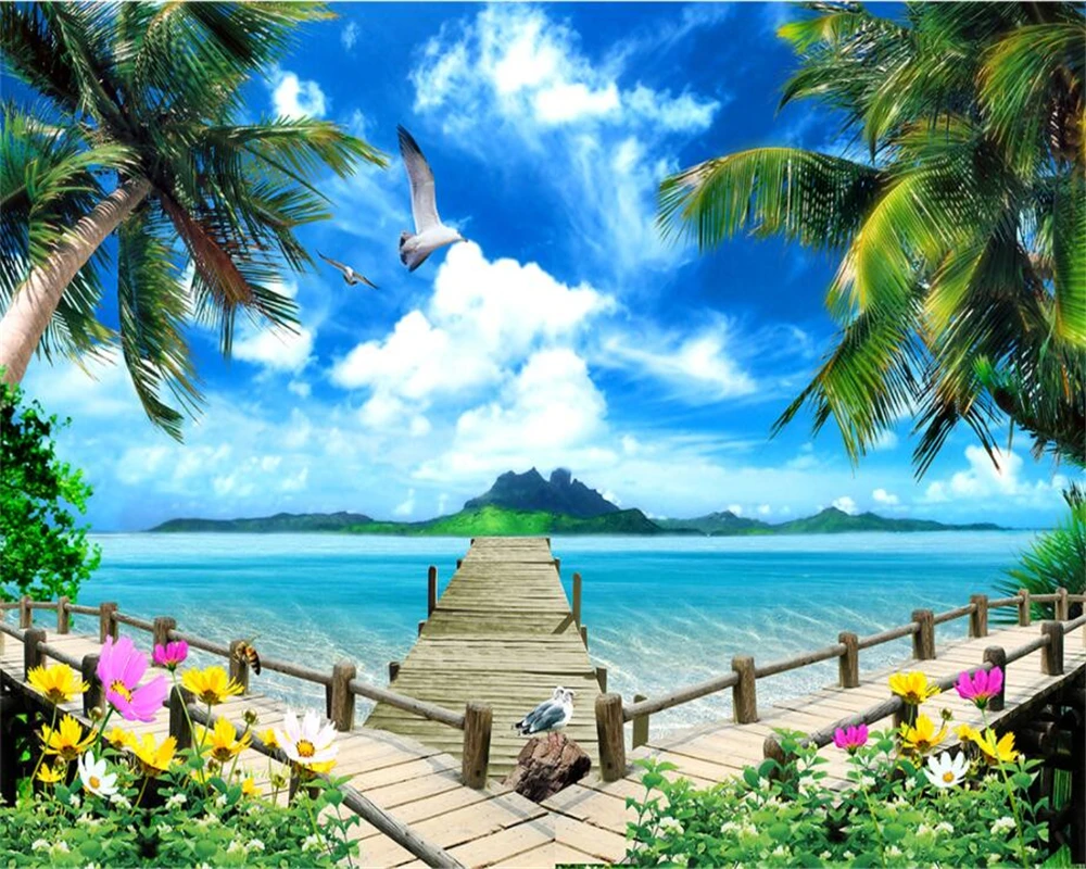 

beibehang Custom Wallpaper Decorative Background Mural 3D Wooden Bridge Seaview Landscape TV Sofa Background 3d wallpaper mural