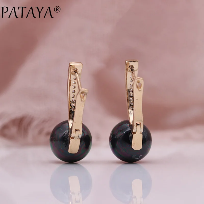 PATAYA New 585 Rose Gold Color Natural Zircon AB Shell Pearls Long Dangle Earrings Women Wedding Jewelry Round Earring Girl Gift