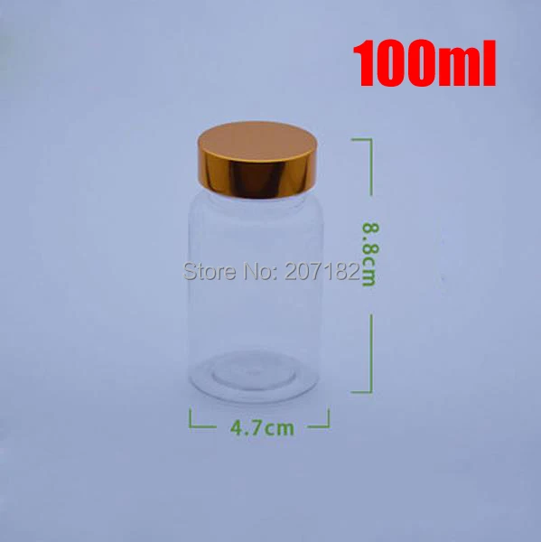 

100pcs 100ml Transparent PET Medicine Bottles,Capsules/Pills/Powder/Vitamins Plastic Bottles-- Bright Golden Metal Caps