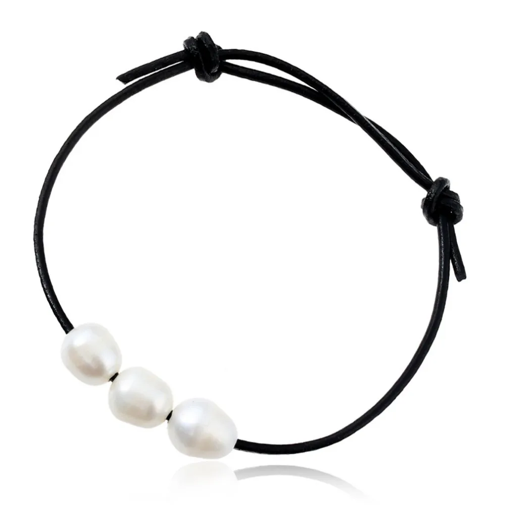 9-10mm Freshwater Natural Pearl Bracelet For Woman Genuine Leather Bracelet Brown Adjustable Rope Chain