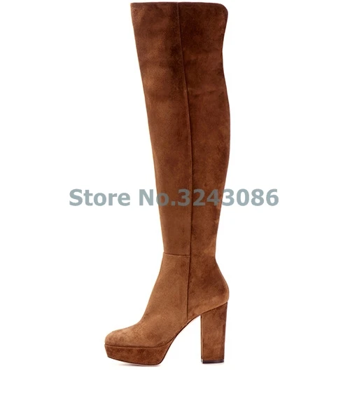 Black Brown Platform Chunky High Heel Boots Suede Round Toe Over The Knee Boots Fashion Spring Autumn Women Shoes