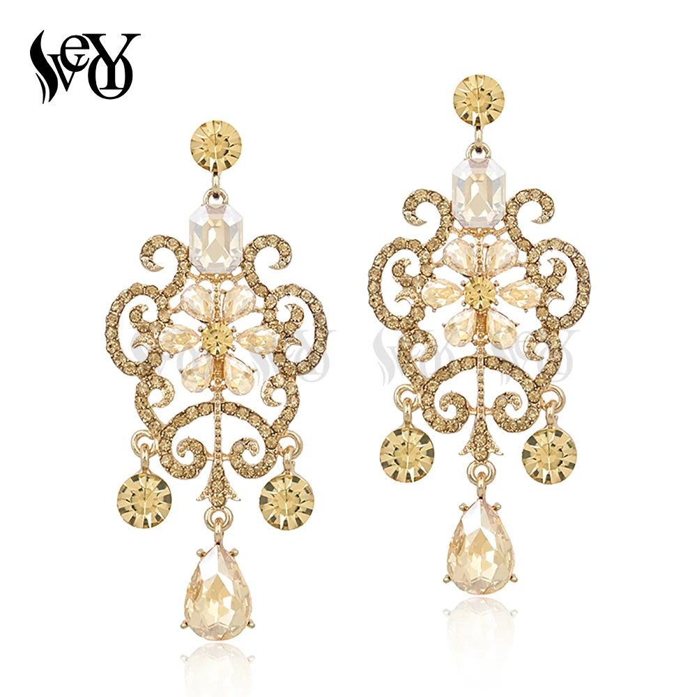 VEYO Crystal Earrings For Women Rhinestone Drop Earrings Vintage Flower shaped High Quality Brincos Pendientes