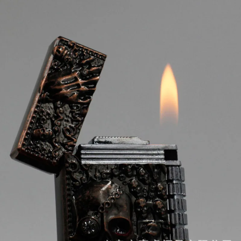 Unique Metal Skull Relief Windproof Cigarette Lighter PING Sound Grinding Wheel Refillable Butane Gas Lighter Smoker Gift