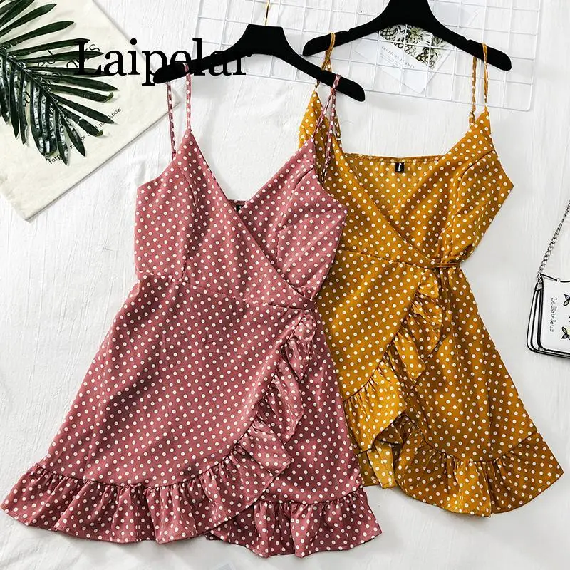 

Laipelar Summer Elegant Woman's Dress Sleeveless Retro Sexy V-Neck Suspender Frill Mini Skirt Banquet Beach Dress Shirt