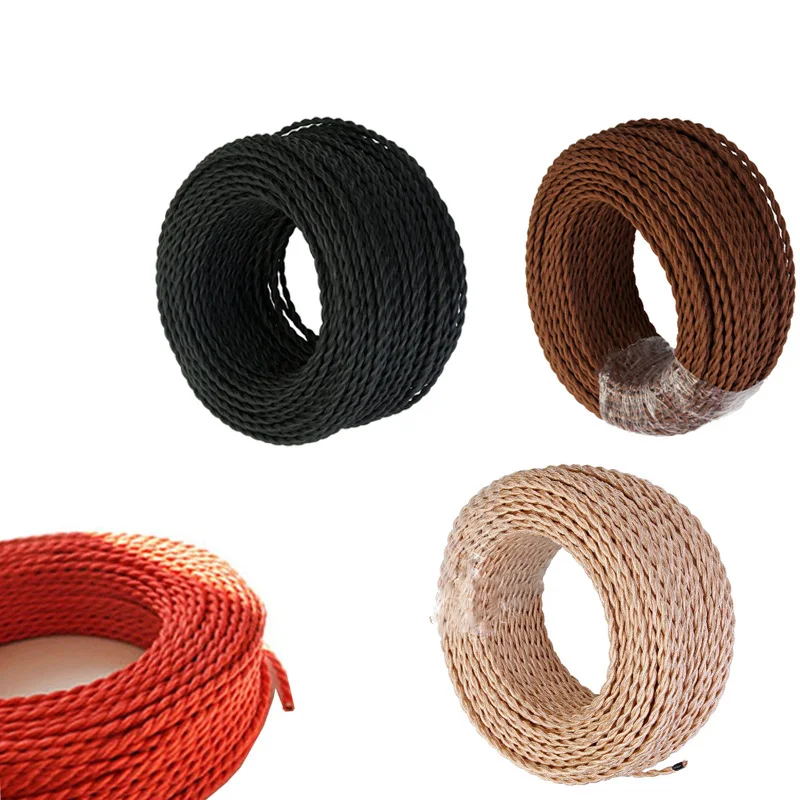 10m Hot Sale 2 Core Electrical Rope Wire Vintage Antique Braided Twisted Fabric Lighting Cable Woven Silk Flexible Cord