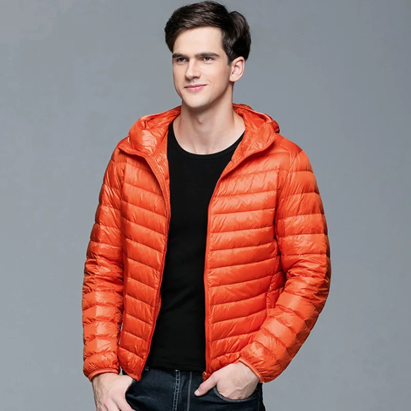0-10 ℃ Mężczyźni Płaszcz zimowy Moda Kurtki puchowe z kapturem Ultralekki puchowy płaszcz puchowy Przenośne smukłe parki z wypełnieniem z piór 5XL