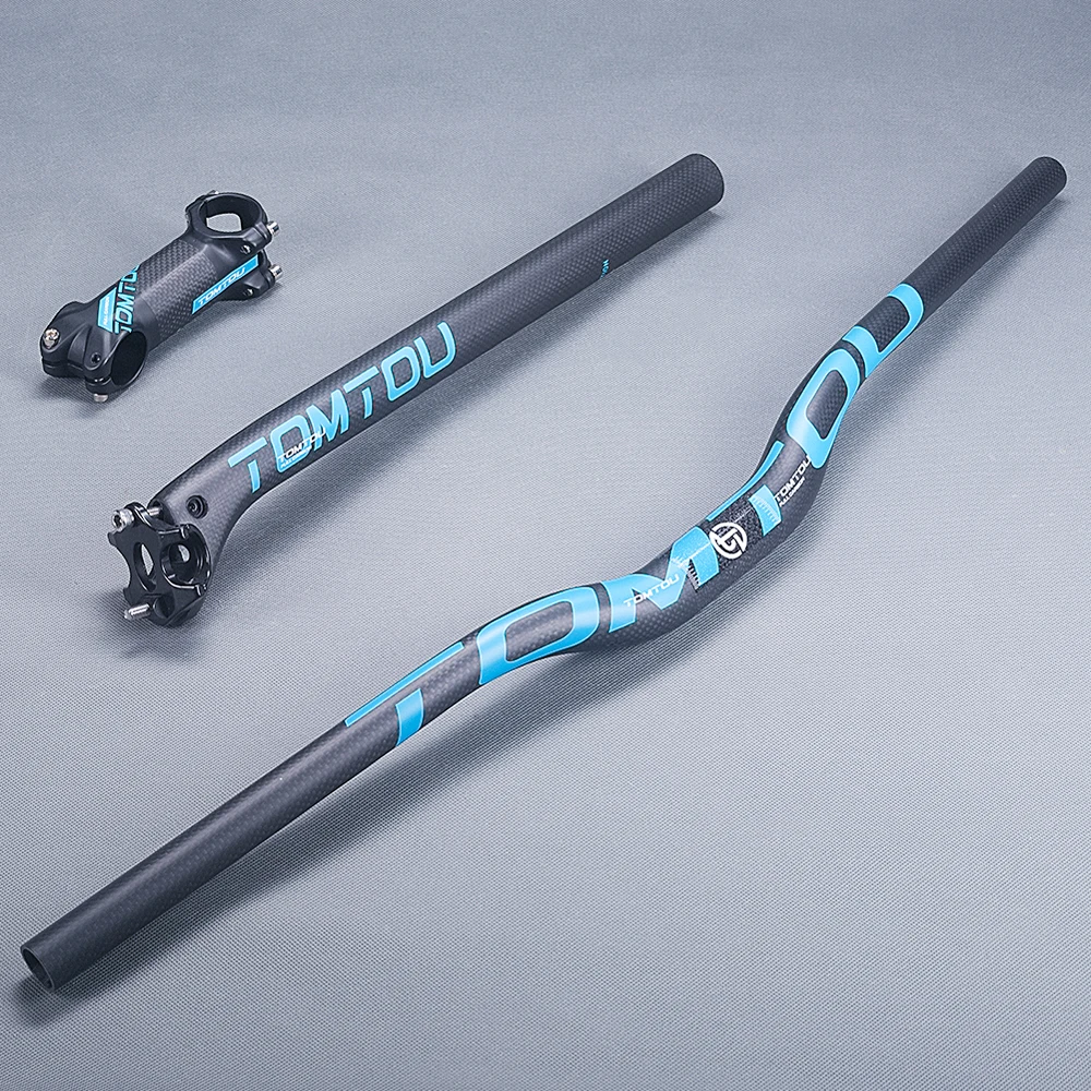 TOMTOU 3K Carbon Fiber Bicycle Mountain Bars Sets Bike Handlebar Stem Seatpost (Offset 20mm) Matte Blue  - TB9T34