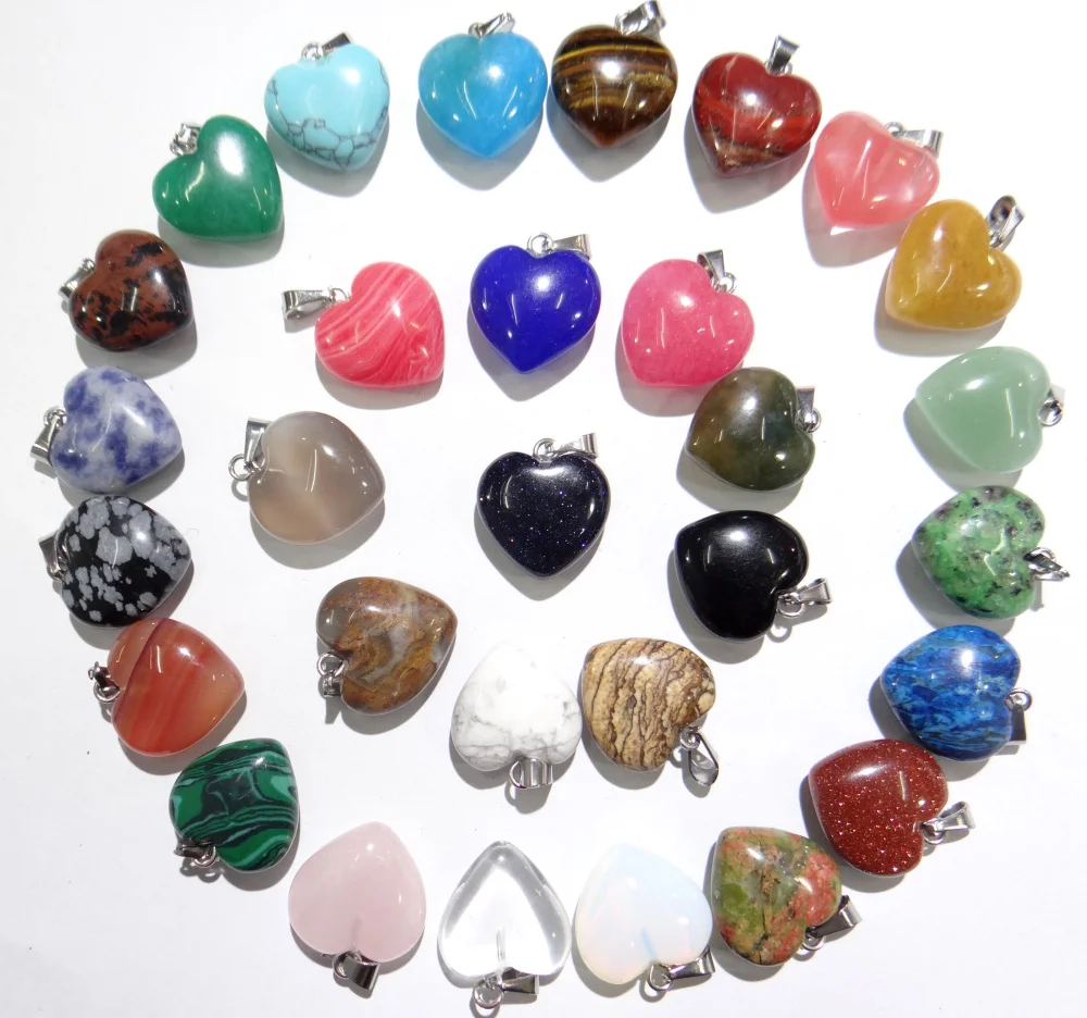16mm Natural stone Turquoises  Opal Quartz crystal tiger eye charm heart pendant diy jewelry making Necklace Accessories 30pcs