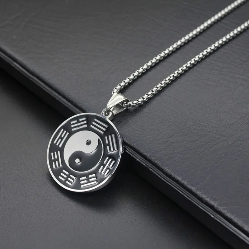 316L stainless steel Silver color Enamel Black White Circle Bagua Tai Chi Ying Yang Pendant Collar Lucky Necklace Jewelry