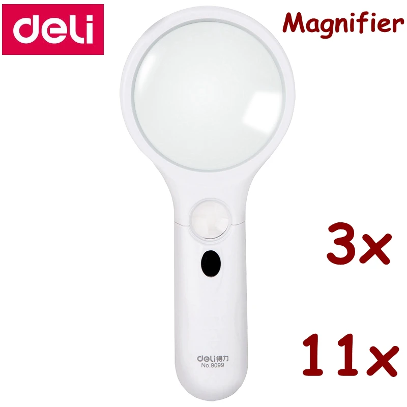 Deli 9099 loupe à double lentille 75mm 3x & 22mm 11x avec LED loupe de prise de main, observation du vieil homme, loupe de lecture 1 pièces