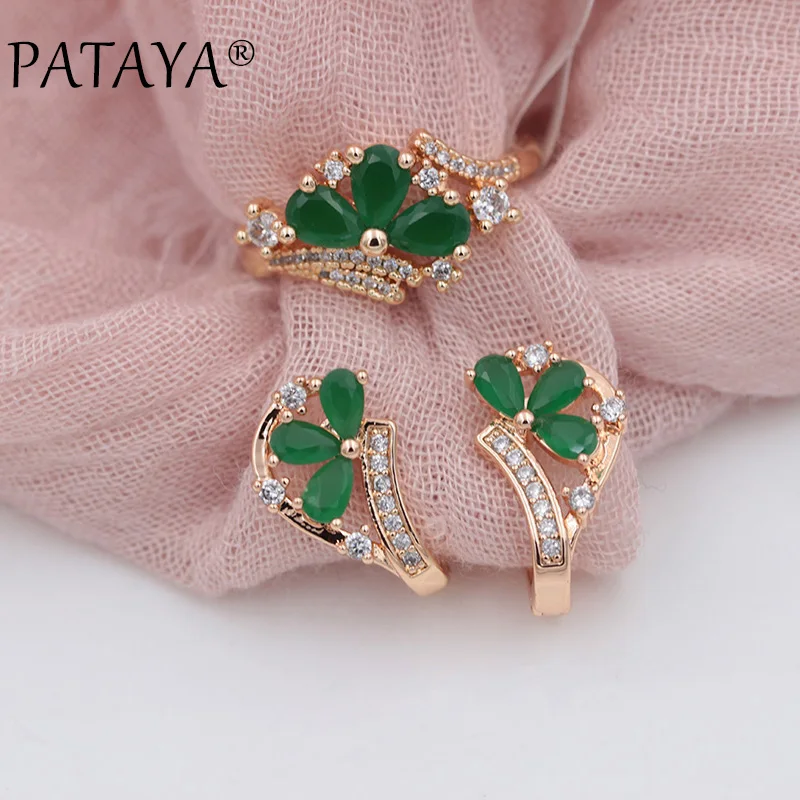 PATAYA New Fashion Women Wedding Jewelry 585 Rose Gold Color Micro-wax Inlay Green Water Drop Natural Zircon Earrings Rings Sets