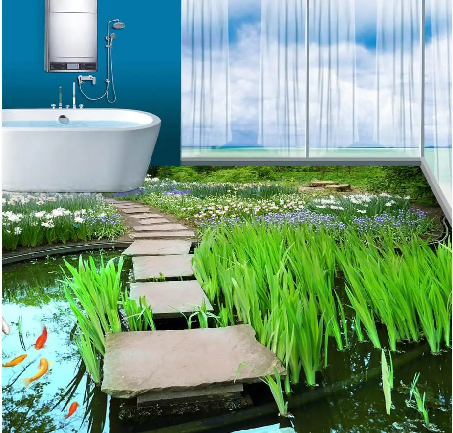 

PVC Floor Sticker Painting Murals Modern Custom 3D Floor Mural Garden Water Grass Stone Road Pool Fish 3D Floor