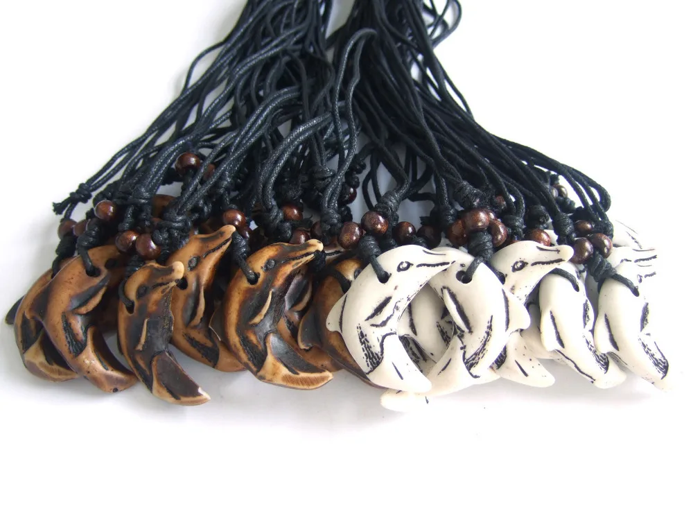 Lot 12pcs Tribal Brown / White Faux Yak Bone Carved Dolphin Tooth Pendant Necklace Adjustable