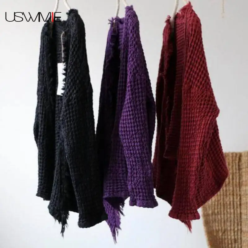 

USWMIE 2020 Spring Art Linen Tassel Texture Old Loose Minimalist Show Thin Cardigan Long Sleeve Solid Color Casual Joker Coat