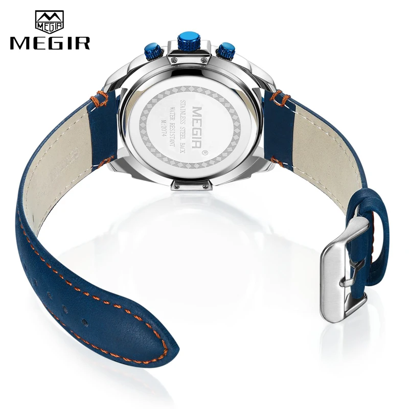 Men\'s Army Military Wrist Watch MEGIR Men Luxury Blue Watch Leather Sports Watches Mens Business Waterproof Quartz Clock Relogio