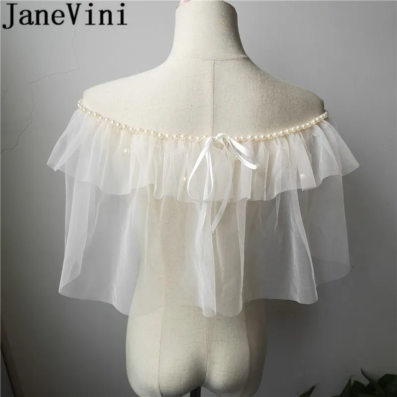 JaneVini – Capes de mariée en Tulle pur pour femmes, couleur Champagne blanc, perles, été, Boleros, fête de mariage, châle, enveloppes