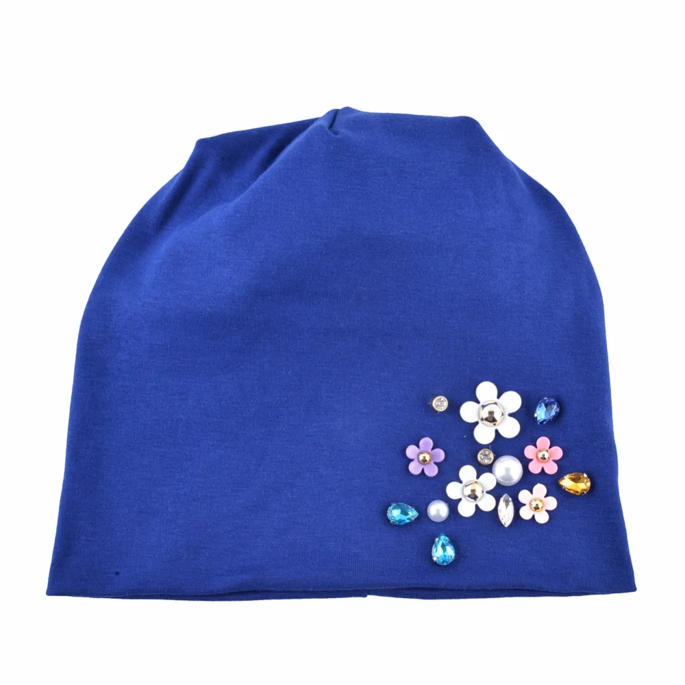 New Beanies Women Spring Autumn Solid Color Skullies Hat For Ladies Rhinestone Pearl Flower Cap Female Fashion Bonnet Gorra