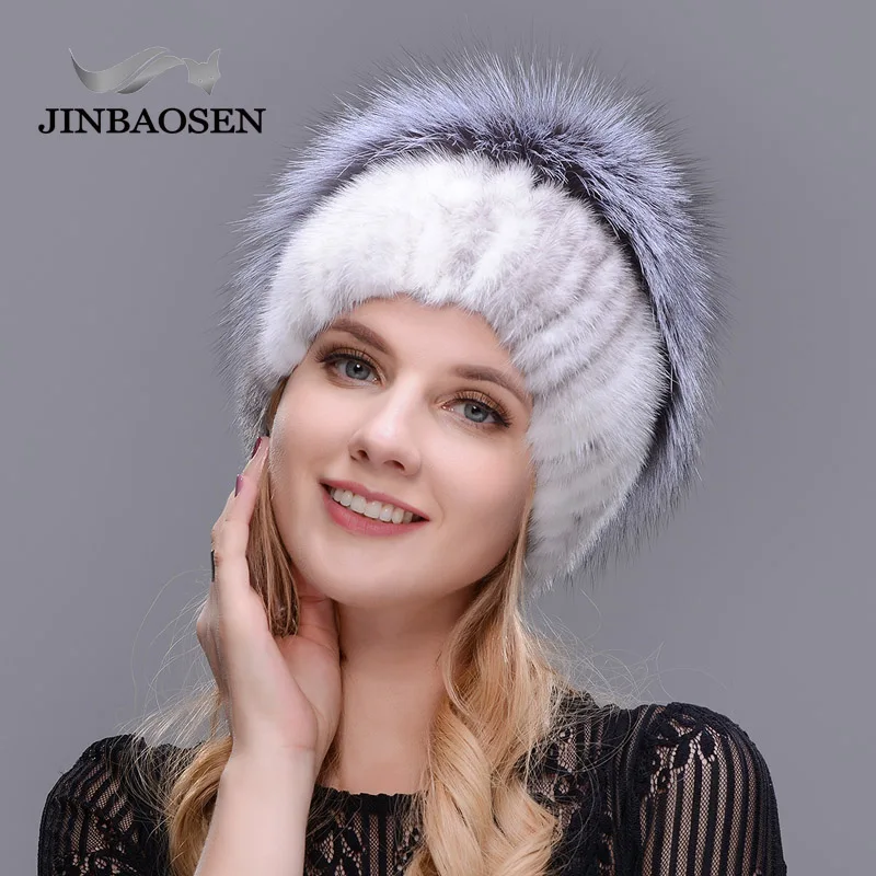 JINBAOSEN Women\'s Winter Mink Fur Hat Real Silver Fox Fur Warm Ski Cap Natural Fur Knit Fur Cap Brand Fashion Style