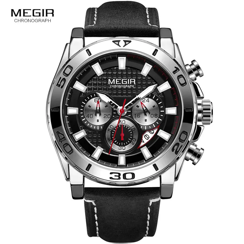 MEGIR Men\'s Army Sports Chronograph Quartz Watches Leather Strap Luminous Waterproof Wristwatch Man Relogios Clock 2094 Silver