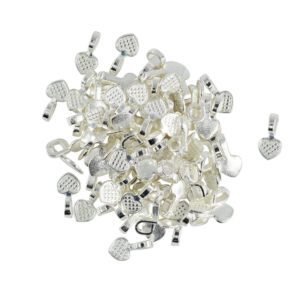 100 Pieces Shiny  White Plated Heart Glue on Bails Setting For Necklaces Earring Pendant Jewelry Design Jewelry Making