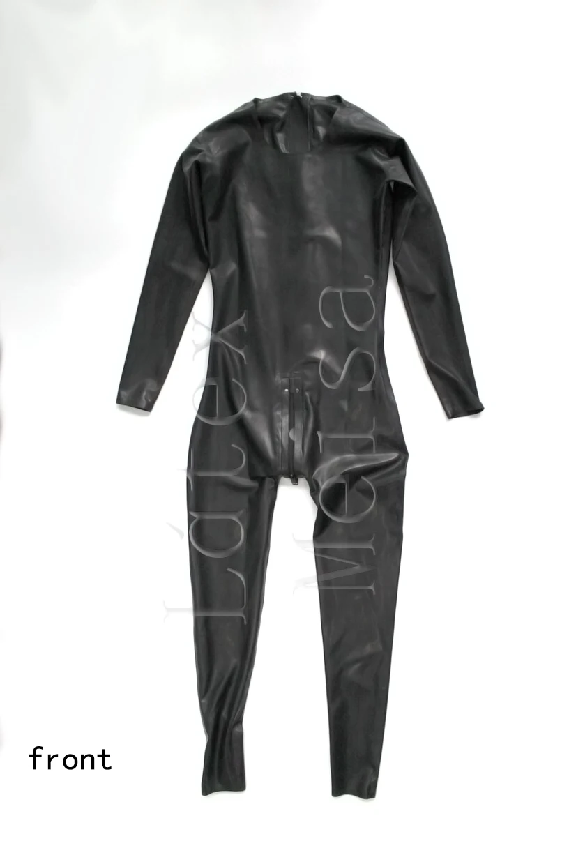 Black 100% natural latex catsuit Adult's latex bodysuit attached back zippers to abdomen with round neck