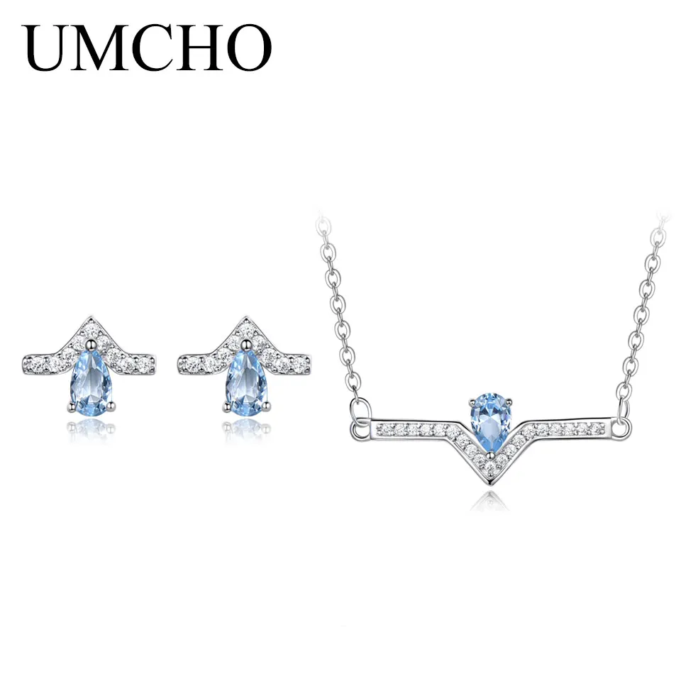 

UMCHO Real 925 Sterling Silver Jewelry Water Drop Sky Blue Topaz Stud Earrings Necklace Wedding Gift For Women Fine Jewelry Sets