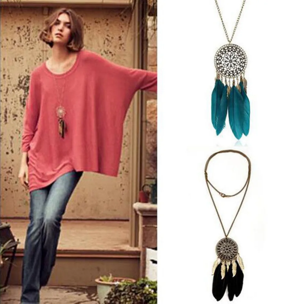 Boho Retro Black Green Feather Pendant Necklace Alloy Chain Coin Ethnic Indian Style Long Sweater Dream Catcher Necklace