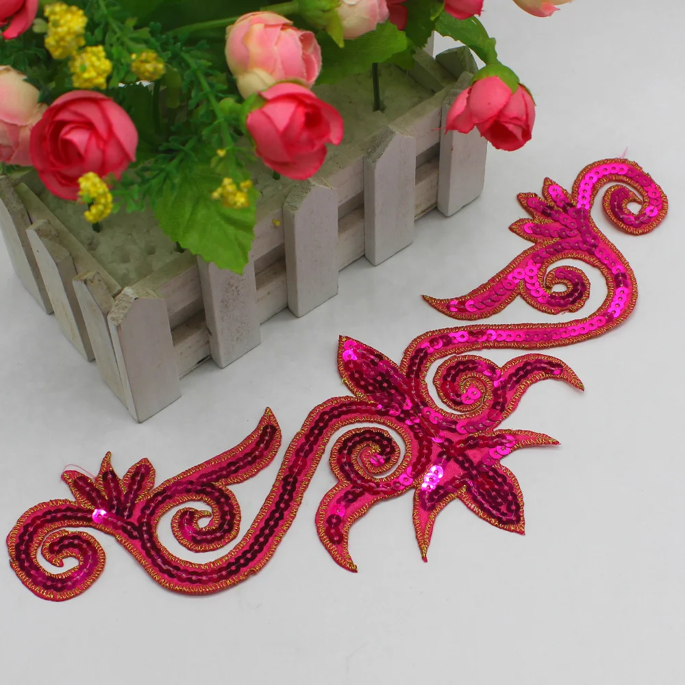 1 Piece Sequined Flower Appliques Iron On Gold Embroidery Patches Cosplay Trims Hair Accessory 30*10cm