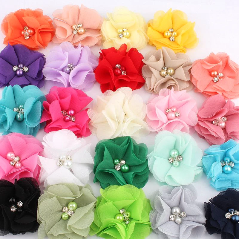 

50pcs/lot 2" 30colors Hair Clips Chiffon Flower+Rhinestones And Pearls For Girls Hair Accessories Fabric Flowers For Headbands