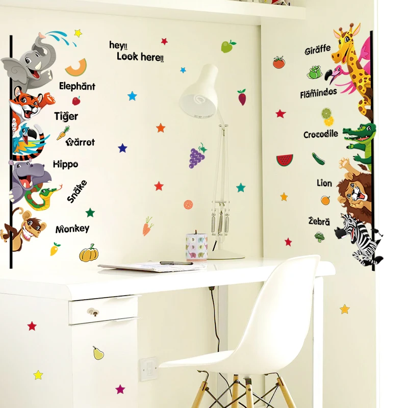 Cartoon Animals English Wall Stickers For Kids Children Room Home Decor Wallpaper Kindergarten Interesting Decoration Art Decals