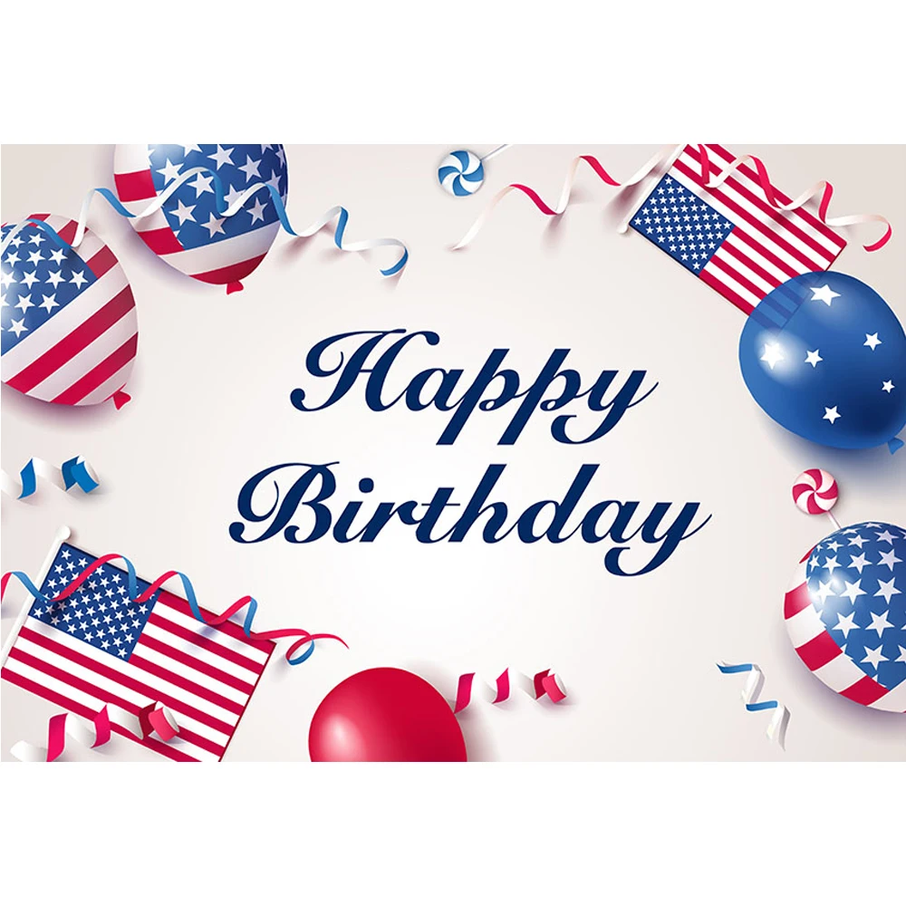 

Happy Birthday Backdrop Printed American Flags Balloons Candies Confetti Pieces Kids Children Party Theme Photo Booth Background