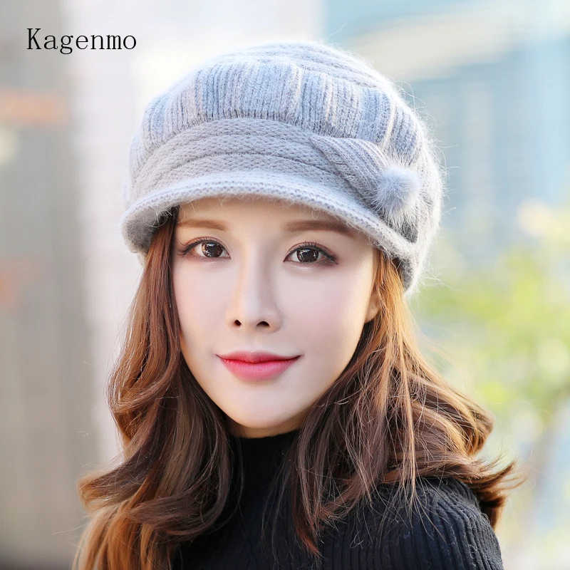 Kagenmo Cap And Scarf Twinset Warm Winter Keep Warm Accessories Rabbit Fur Knit Women Hat Outdoor Windproof Thermal Scarf