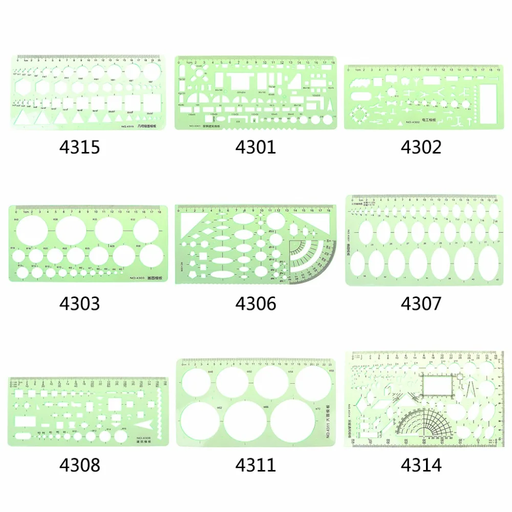 9 reglas diferentes, círculos de plástico verde, plantilla geométrica, regla, plantilla, herramienta de medición para estudiantes