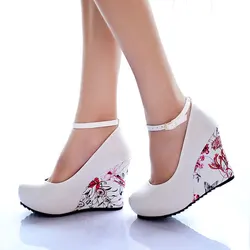 Sgesvier large Sizes 34-43 Wedges High Heels Party wedding Pumps shoe Flower Print Platform Ankle-Strap Women Shoes Woman pumps