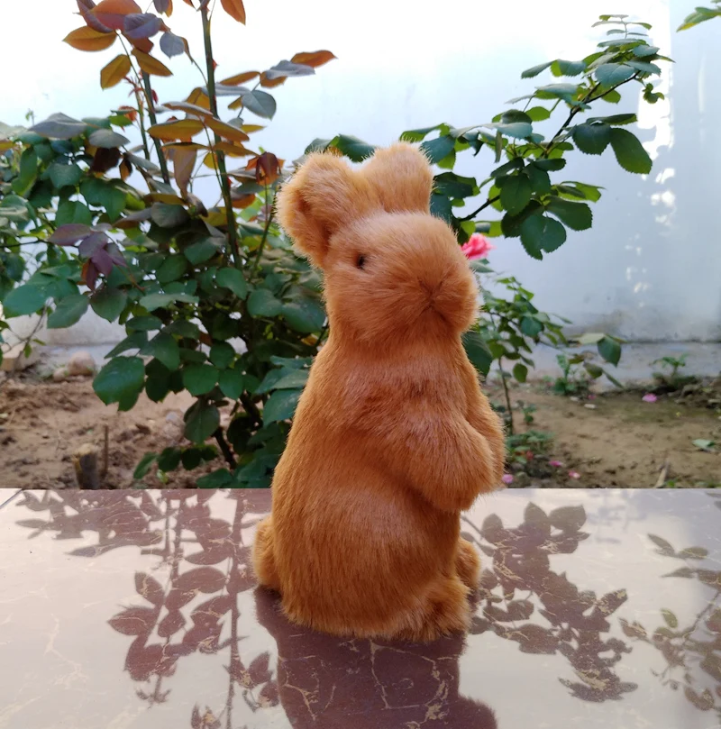 cute simulation brown rabbit model plastic&fur standing rabbit toy gift about 8x7x17cm