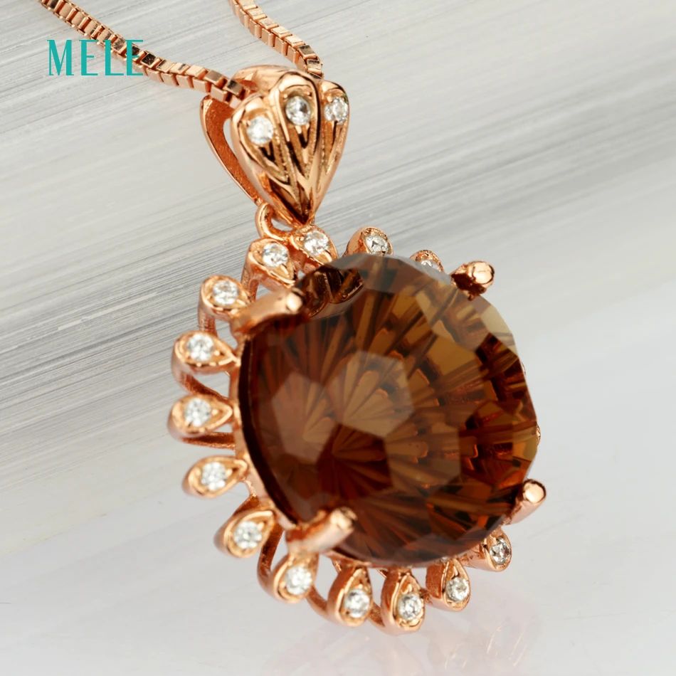 MELE Natural brown crystal silver pendant, round 12mm*12mm, firework cutting craftsman, brilliant quality