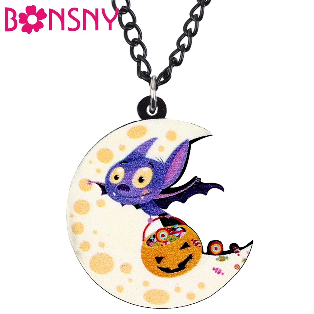 Bonsny Acrylic Halloween Cartoon Bat Moon Pumpkin Necklace Pendant Chain Cute Anime Jewelry For Women Girls Teens Gift Party New