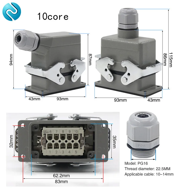 Rectangular heavy duty connector HDC-HE4 6 10 16 20 24 32 48 core Pin 16A Waterproof Aviation plug  Top  and Side Line Connector