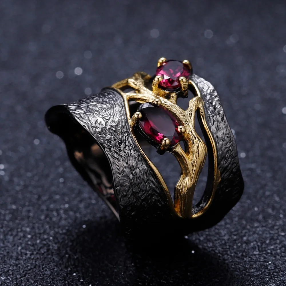 GEM'S BALLET 925 Sterling Silver Original Handmade Branch Rings Natural Rhodolite Garnet Gemstones Ring for Women Fine Jewelry