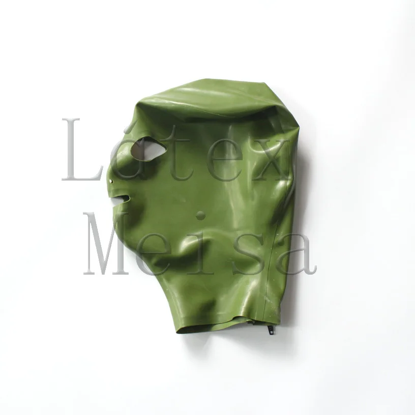 

Latex hoods adult's rubber masks open mouth eyes and nostrils in Olive green color with back zip