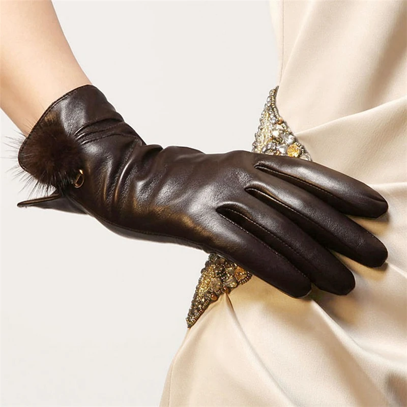 Genuine Leather Gloves Female High Quality Women Sheepskin Fashion Trend Winter Warm Five Finger Driving Leather Gloves EL022NR