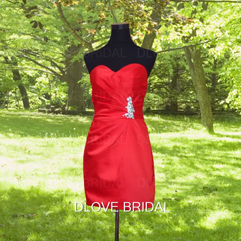 DLOVE-vestido de novia de satén rojo para dama de honor, prenda Simple de alta calidad, sin tirantes, escote Corazón, corto, fruncido, fotos reales