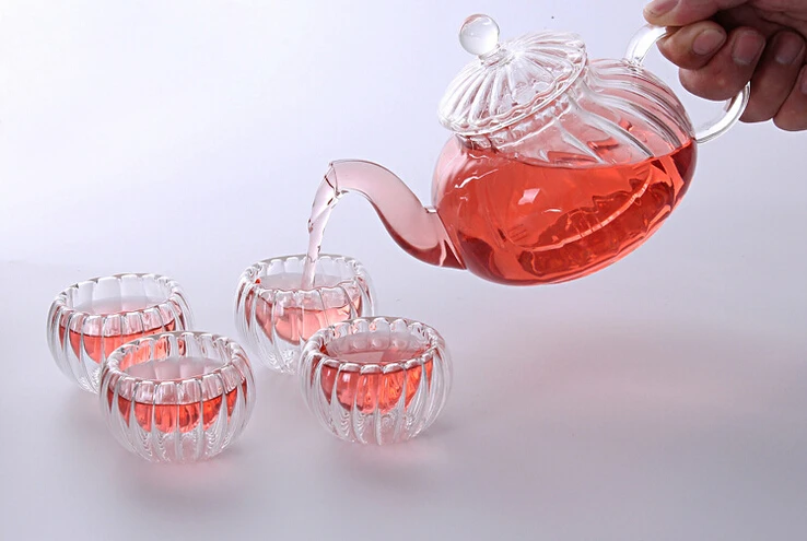 pumpkin Borosilicate Glass Tea Pot Set Infuser Teapot+Warmer+6 Tea Cups