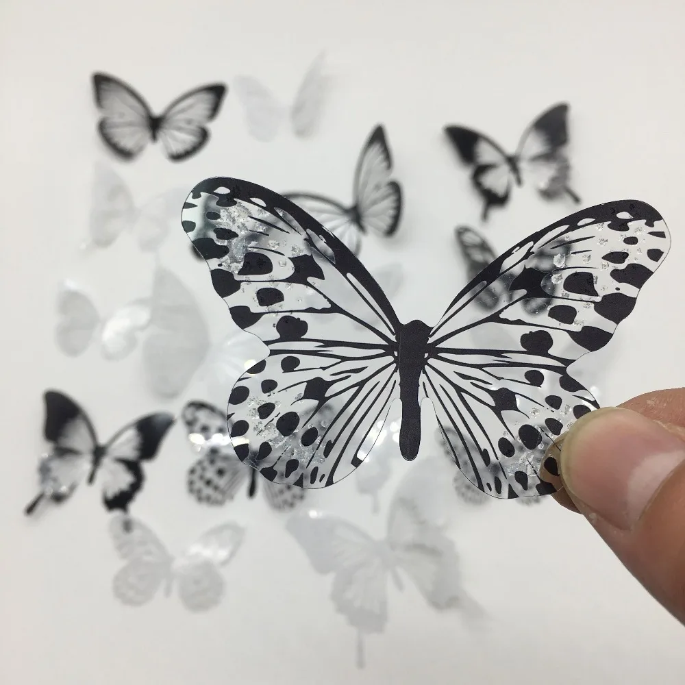 18pcs/set Black and White Crystal Butterflies Wall Sticker For Kids Rooms Art Mural Refrigerator Wedding Decoration Wall Decals