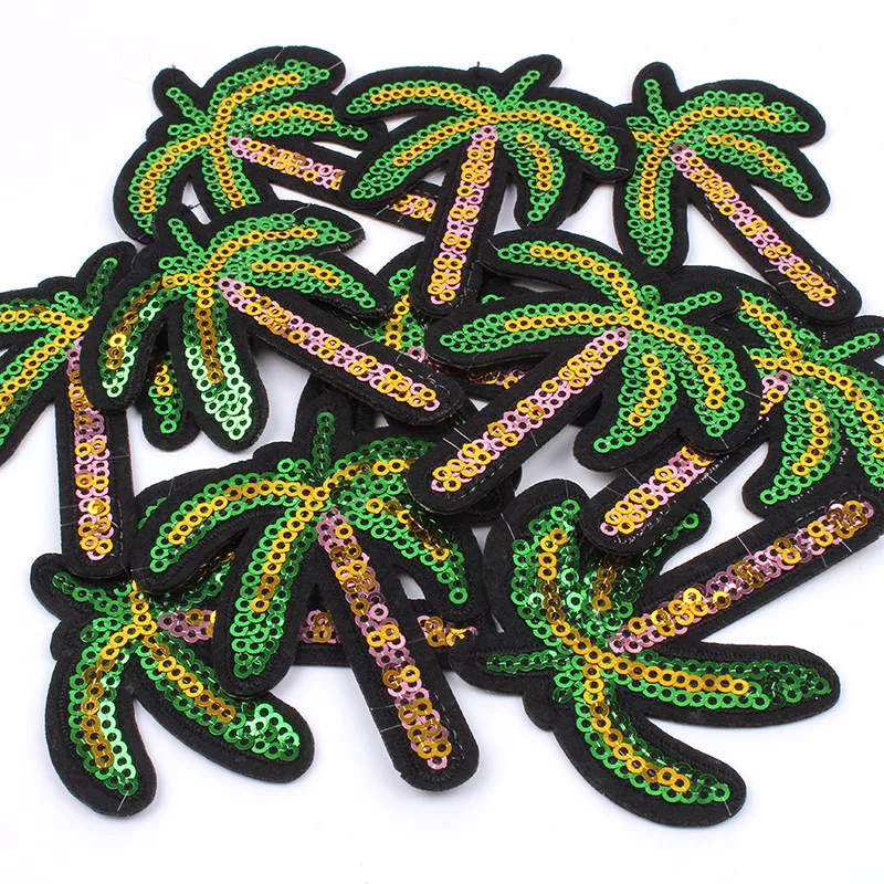 10pcs/lot Cartoon Coconut Tree Patch Sequined Palm Stickers Clothes Backpack Jeans Coats Appliques DIY Iron On Garments Badge